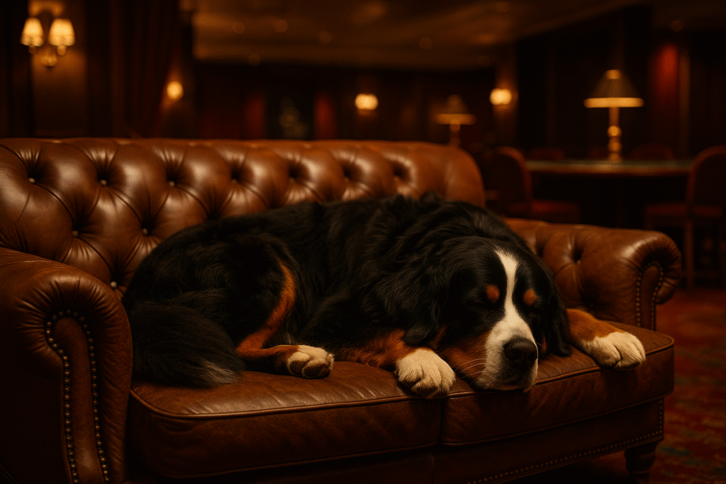 En hund som spelar ansvarsfullt och tar en paus på soffan
