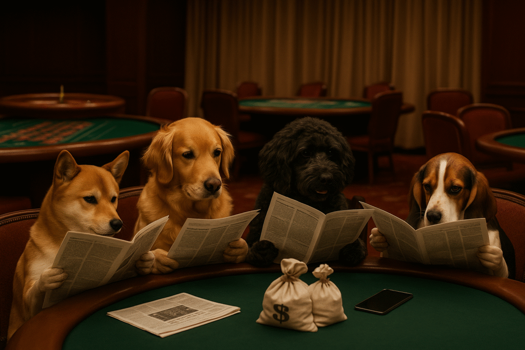 En bild på hundar som läser tidningen runt ett pokerbord inne i ett casino