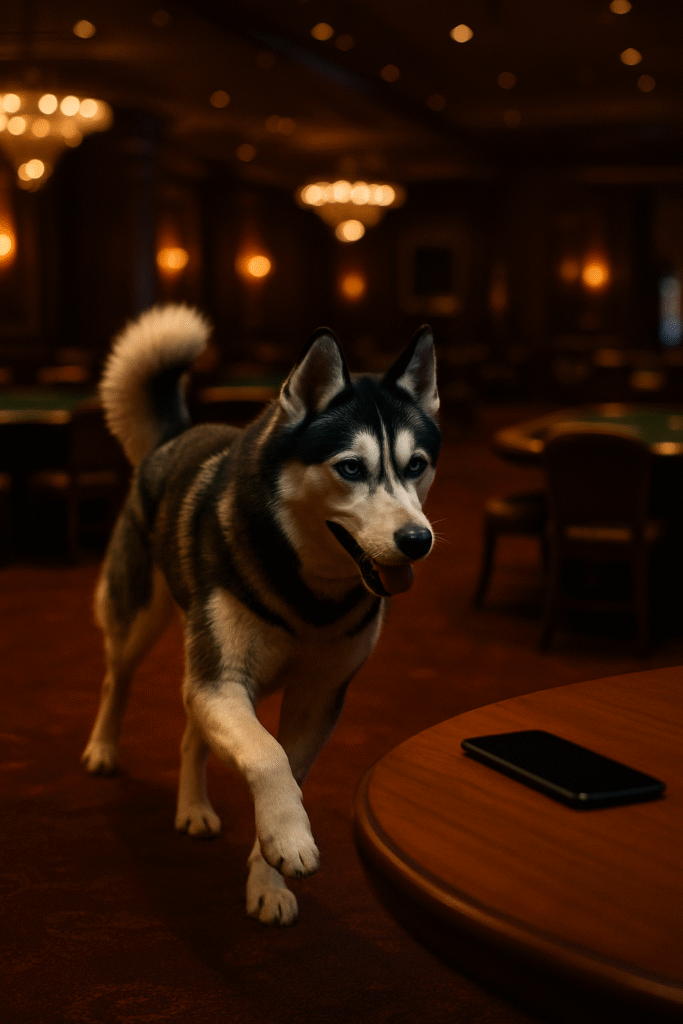 En hund i rasen Husky som springer mot en telefon för att spela på onlinecasino med BankID
