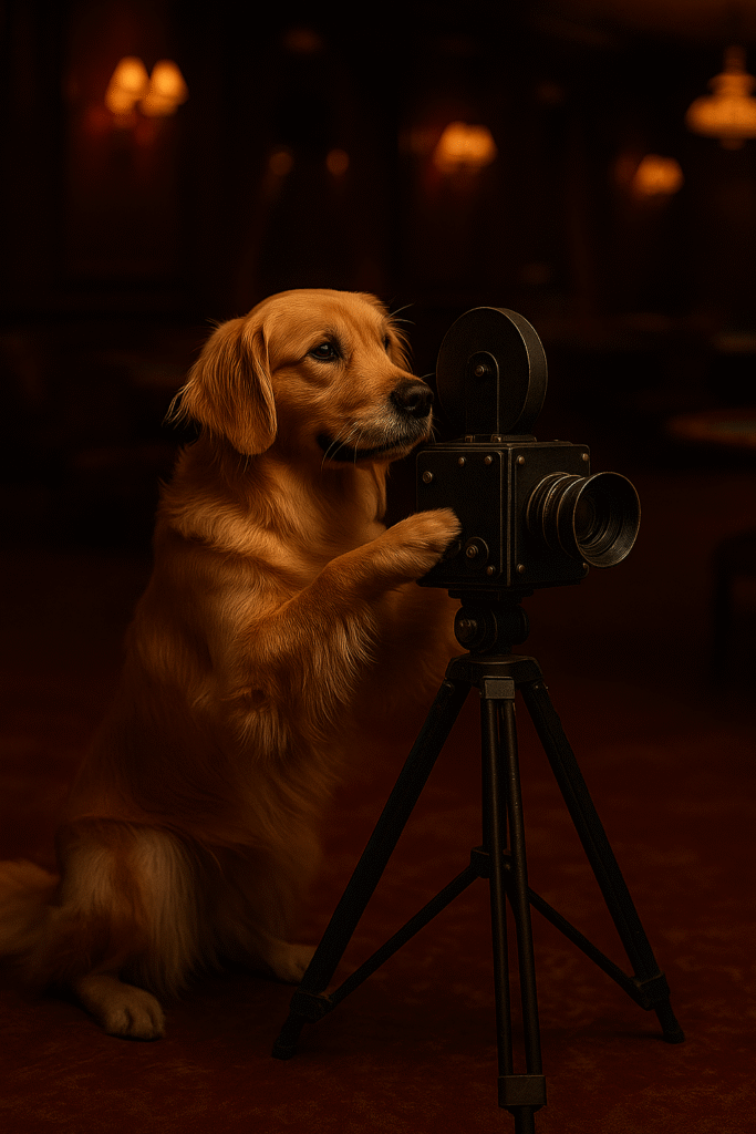 En hund som står och filmar en video med en gammal kamera inne på ett casino