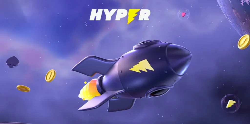 Hyper Casino Banner med en blå rymdraket
