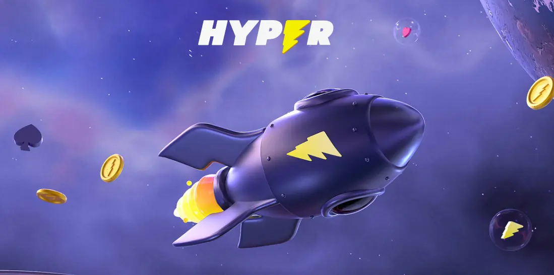 Hyper Casino Banner med en blå rymdraket