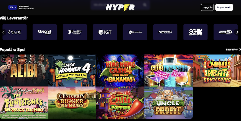 Skärmdump på Hyper Casinos casinodel