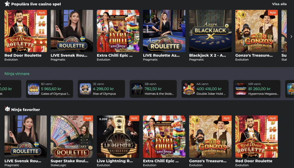 Ninja casinos Live casino utbud