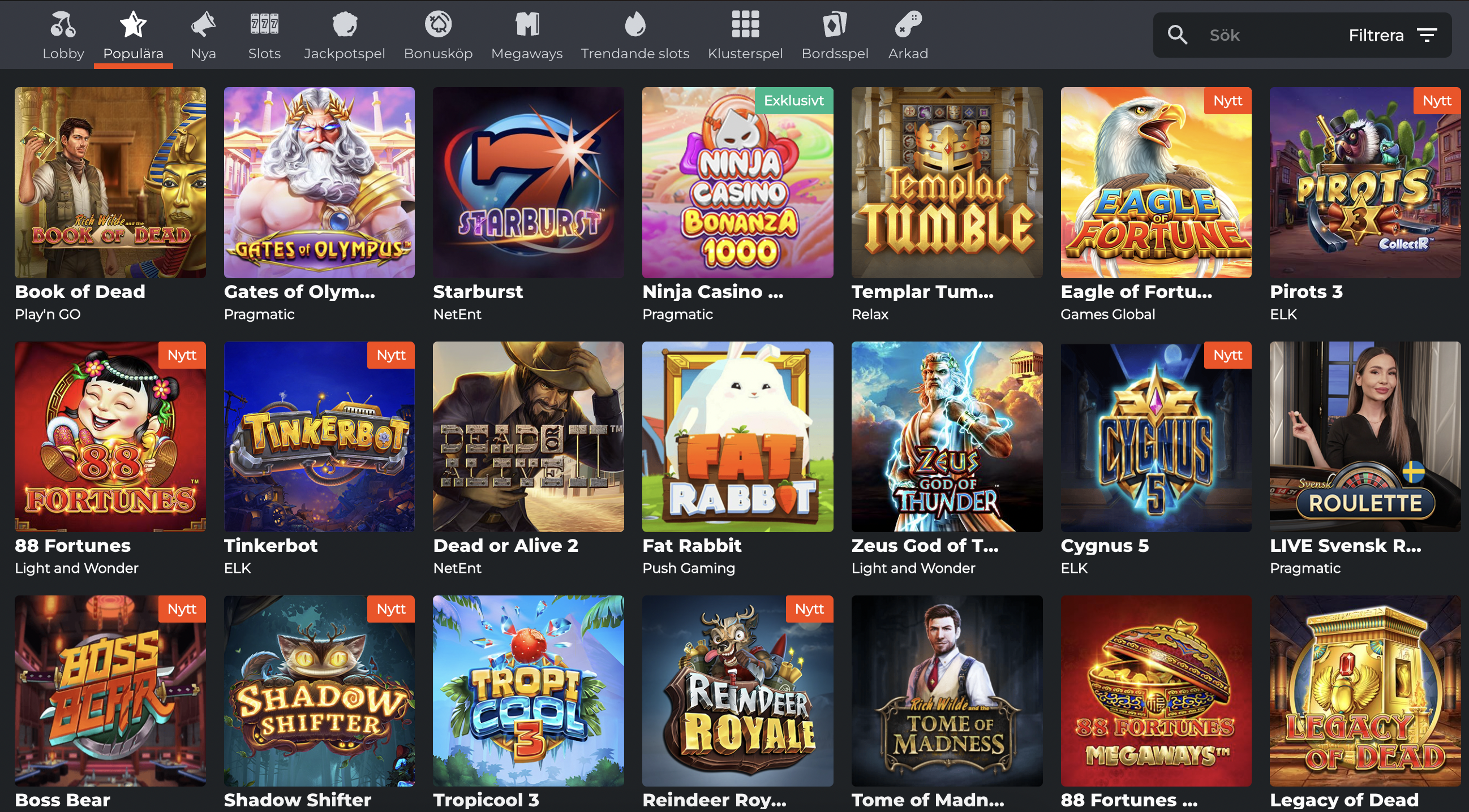 Bild på populära slots på Ninja Casino