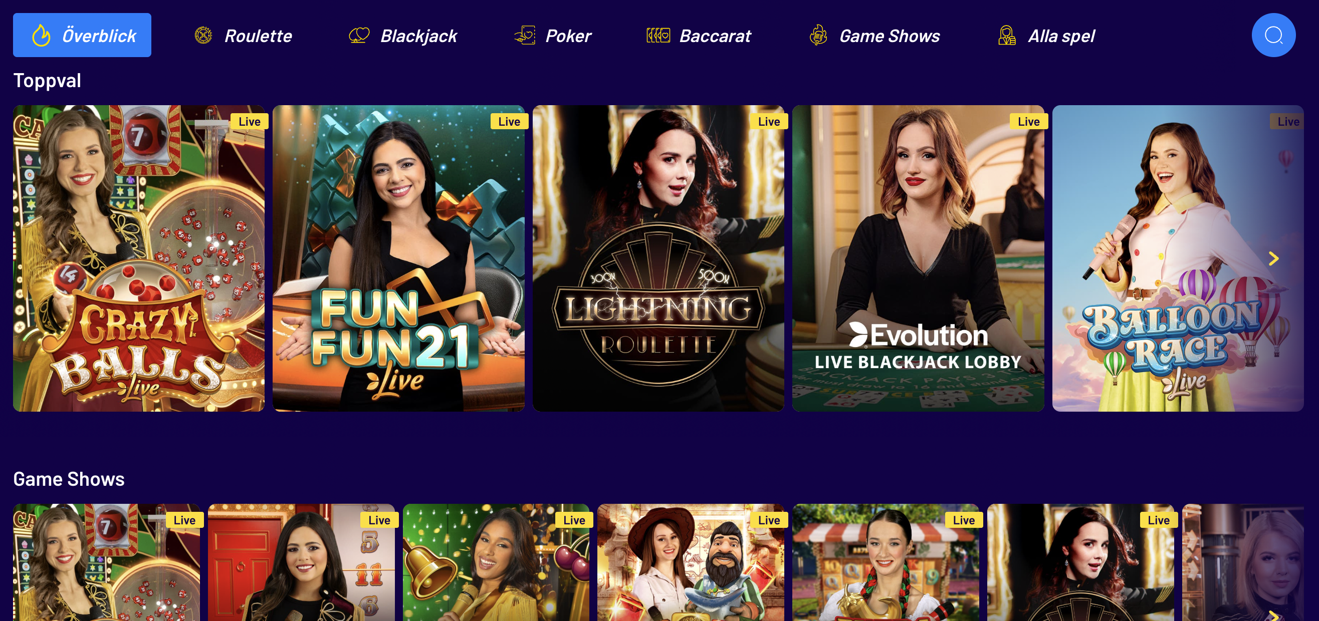 Spelklubbens live casino sortiment