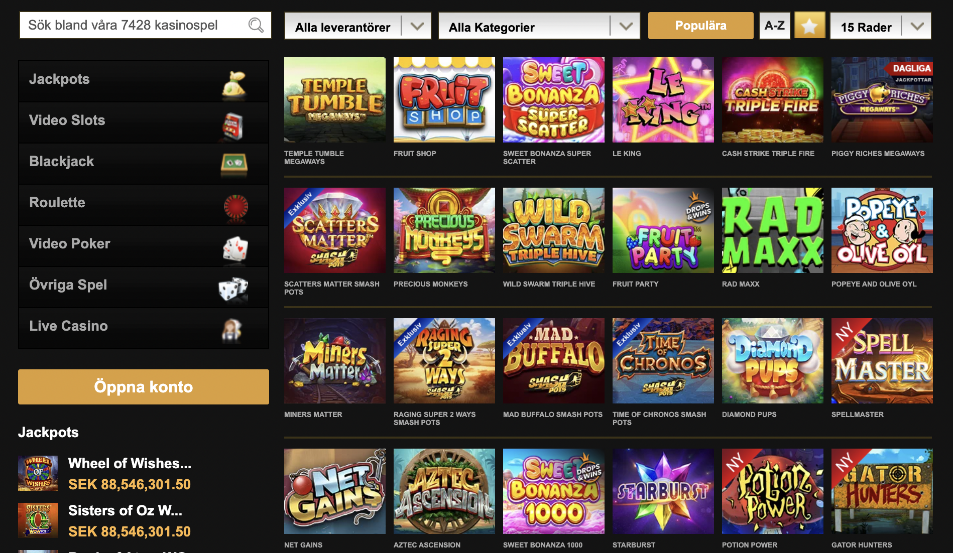 Videoslots casino-utbud