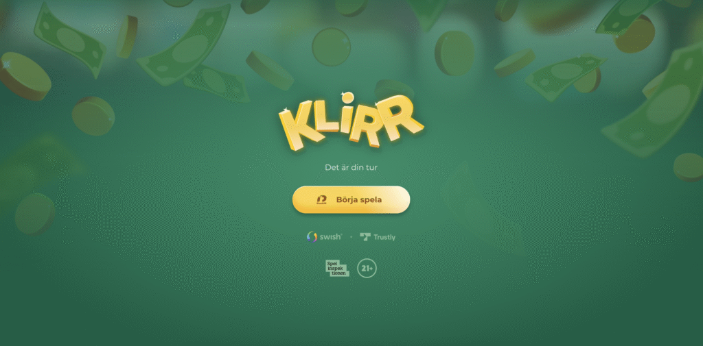 Klirr Casinos landningssida